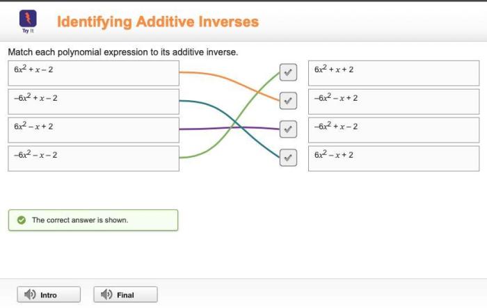 Match each polynomial expression to its additive inverse